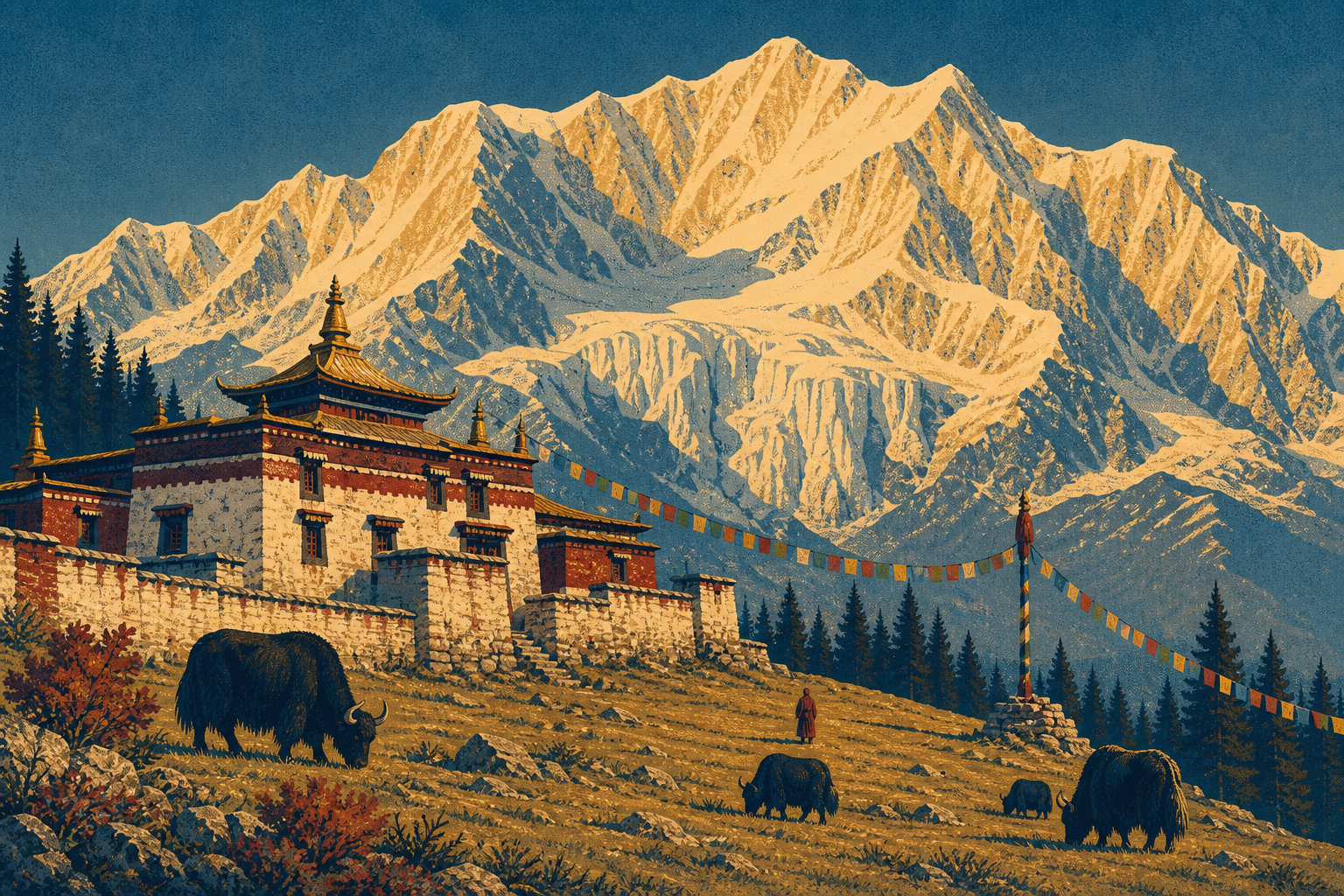 贡嘎寺与雪山版画