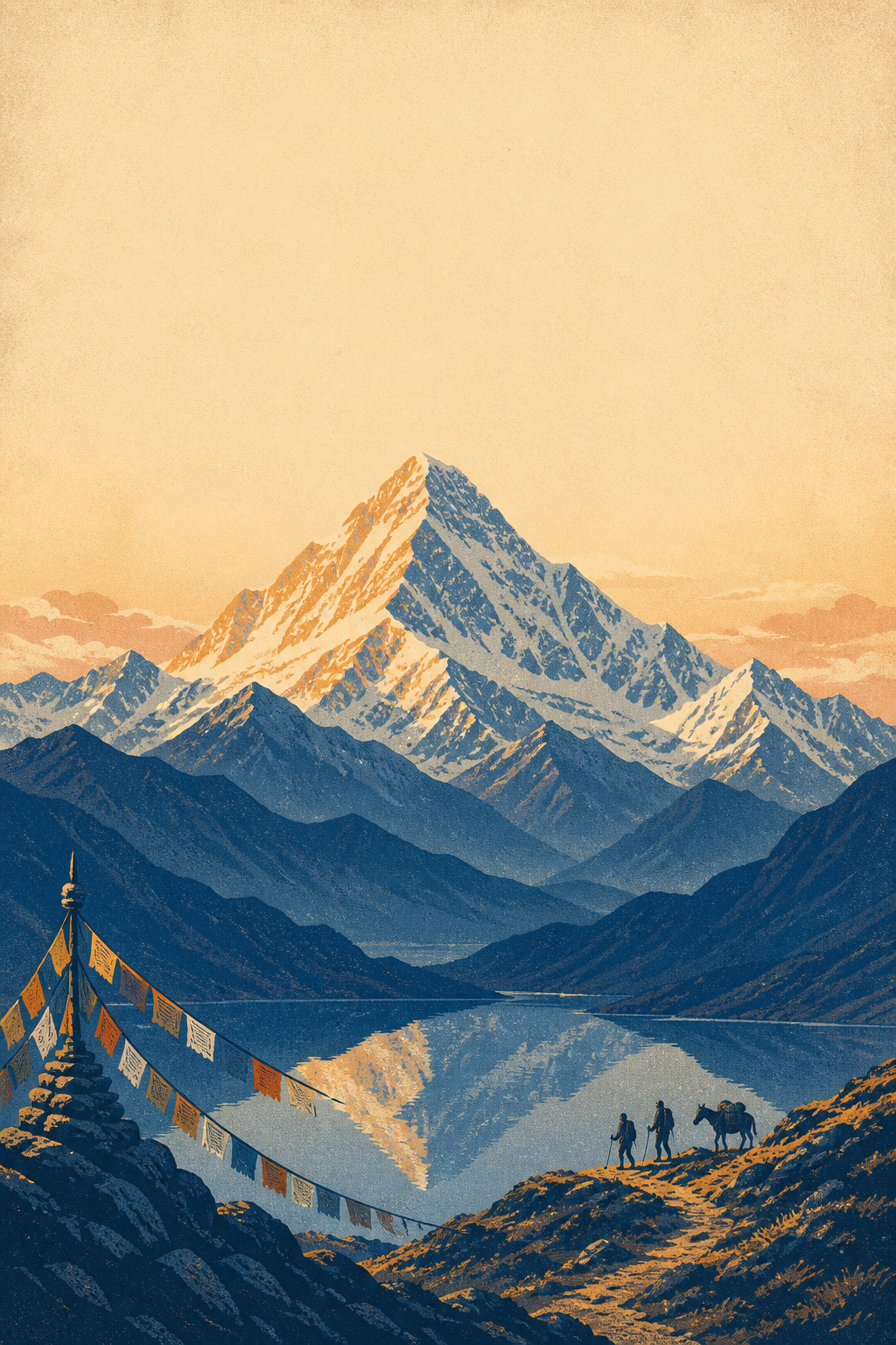 贡嘎西南坡版画：雪山湖面倒影与马帮剪影